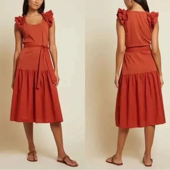 Nation LTD Everly Frilly Ruffle Strap Tiered Cotton Midi Dress Cayene Red Small - Picture 1 of 11